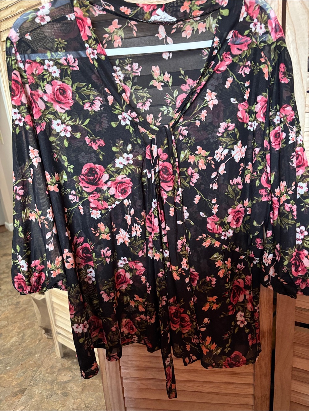 Siren Lily Black Floral Tie-Neck Blouse with Pink Roses 1X